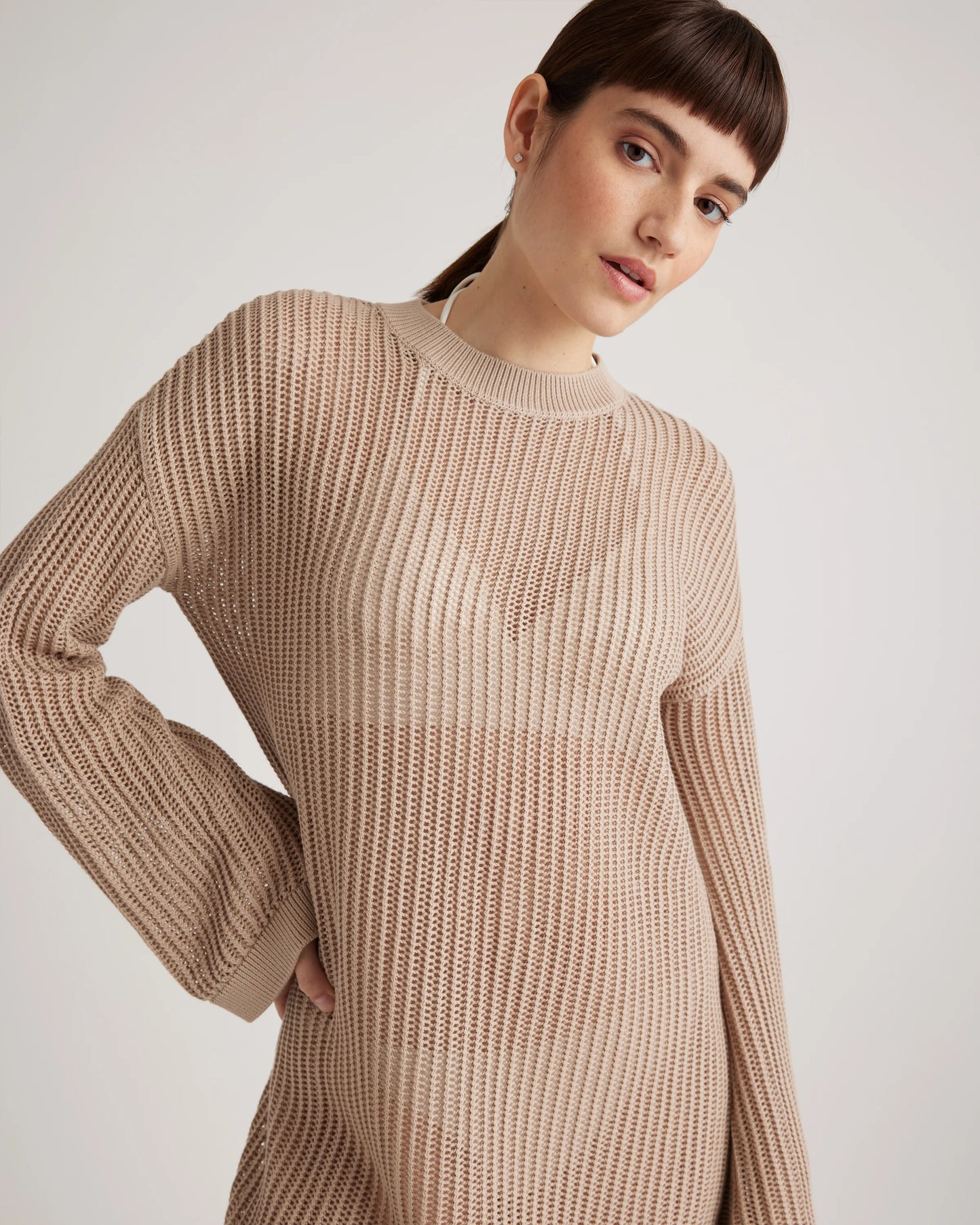 100% Organic Cotton Open-Knit Long Sleeve Cover-Up Mini Dress - XS / Beige