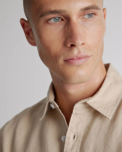100% European Linen Relaxed Short Sleeve Shirt - XS / Taupe Brown Chambray