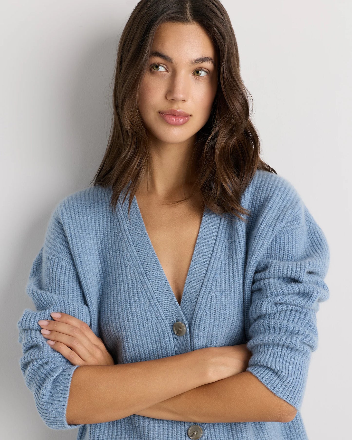 Mongolian Cashmere Fisherman Boxy Cropped Cardigan Sweater - XS / Faded Denim
