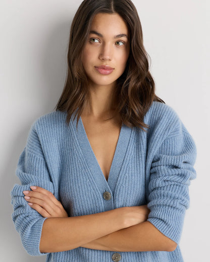 Mongolian Cashmere Fisherman Boxy Cropped Cardigan Sweater - XS / Faded Denim