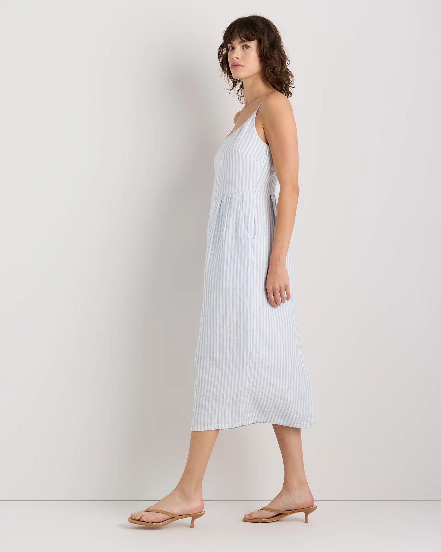 100% European Linen Scoop Neck Midi Dress - XS / Ivory Porcelain Blue Petite Floral