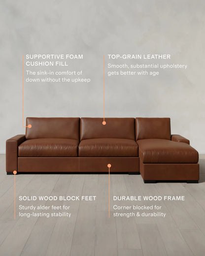 Stillman Chaise Sectional in Leather - 116" Right Arm / Auburn