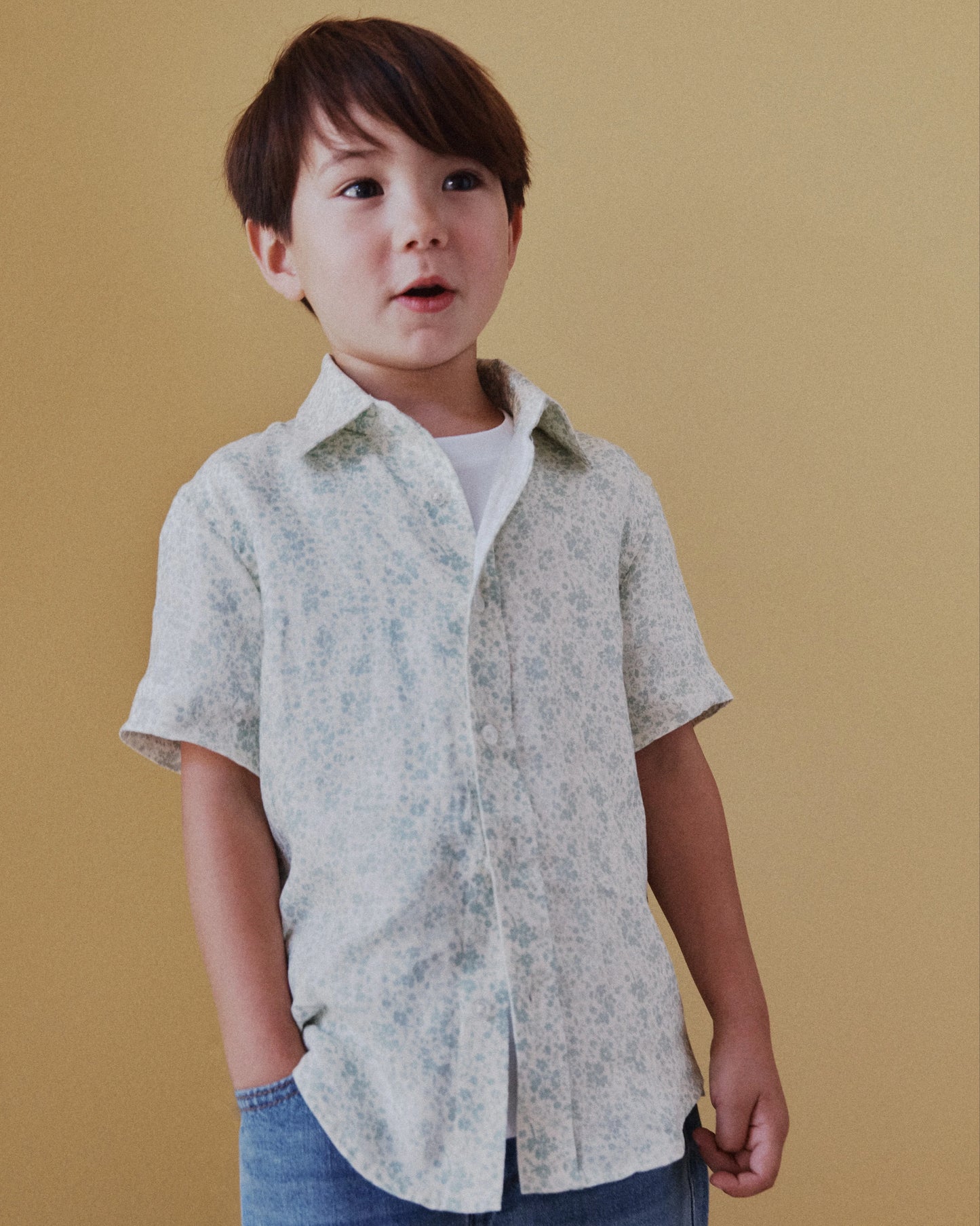 100% European Linen Printed Short Sleeve Shirt - 2T / Multi Palm