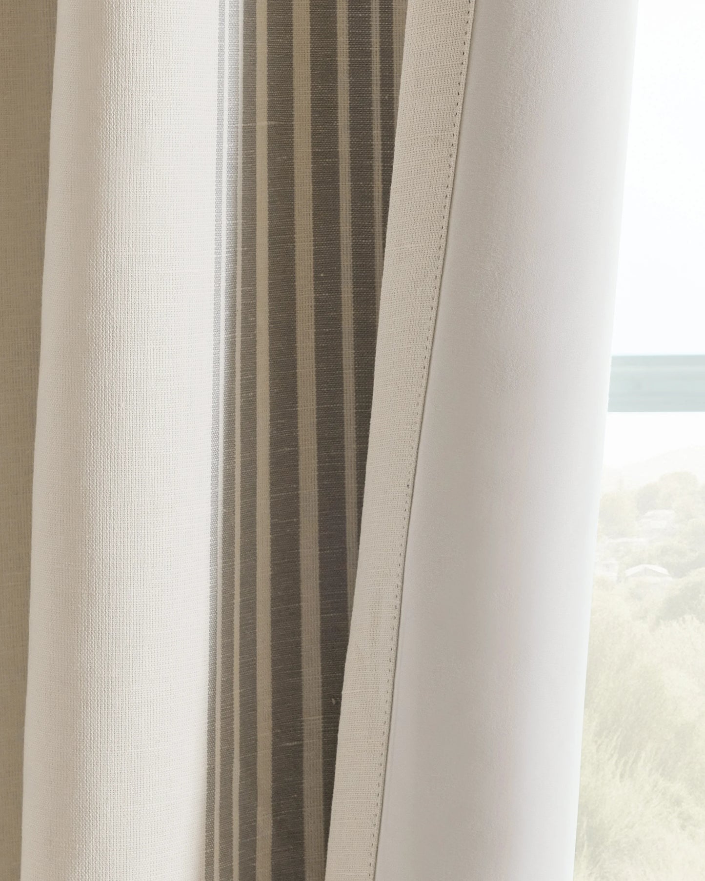 Coastal Stripe Linen Cotton True Blackout Curtain - Single Panel - 48x84 / Ivory/Fog