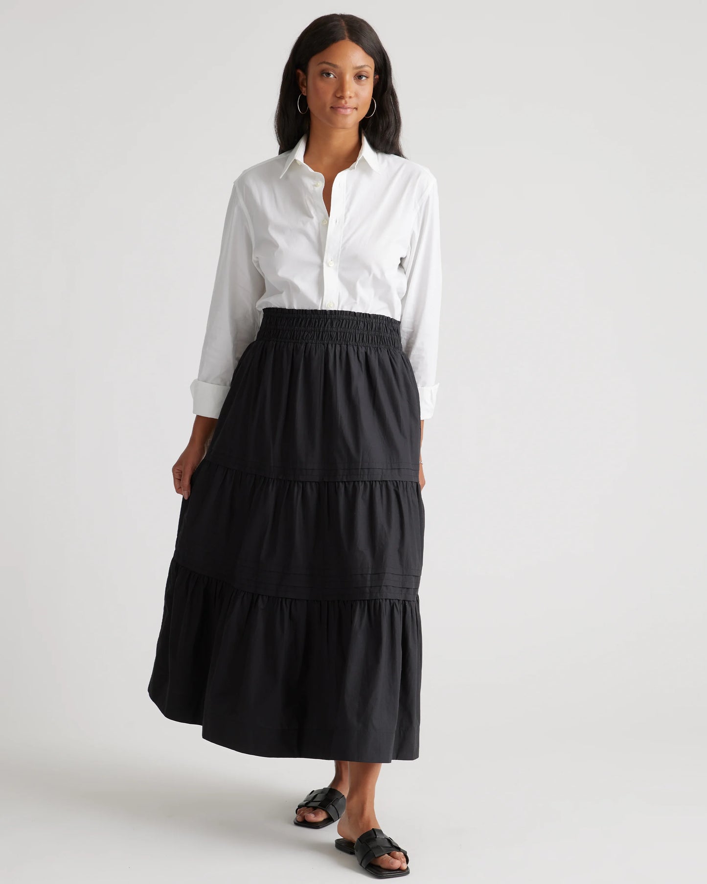 100% Organic Cotton Poplin Tiered Maxi Skirt - XS / Black