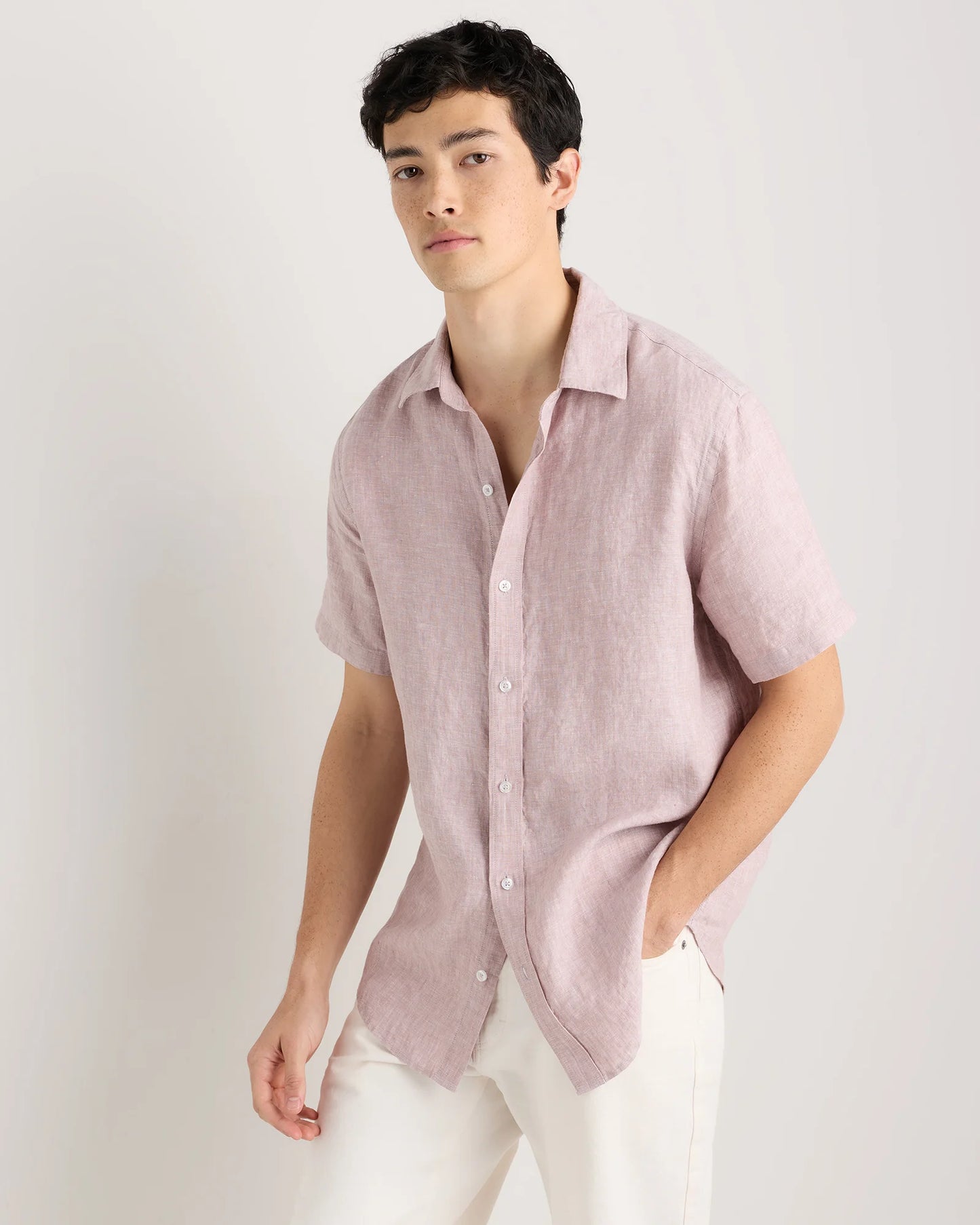 100% European Linen Relaxed Short Sleeve Shirt - XS / Taupe Brown Chambray
