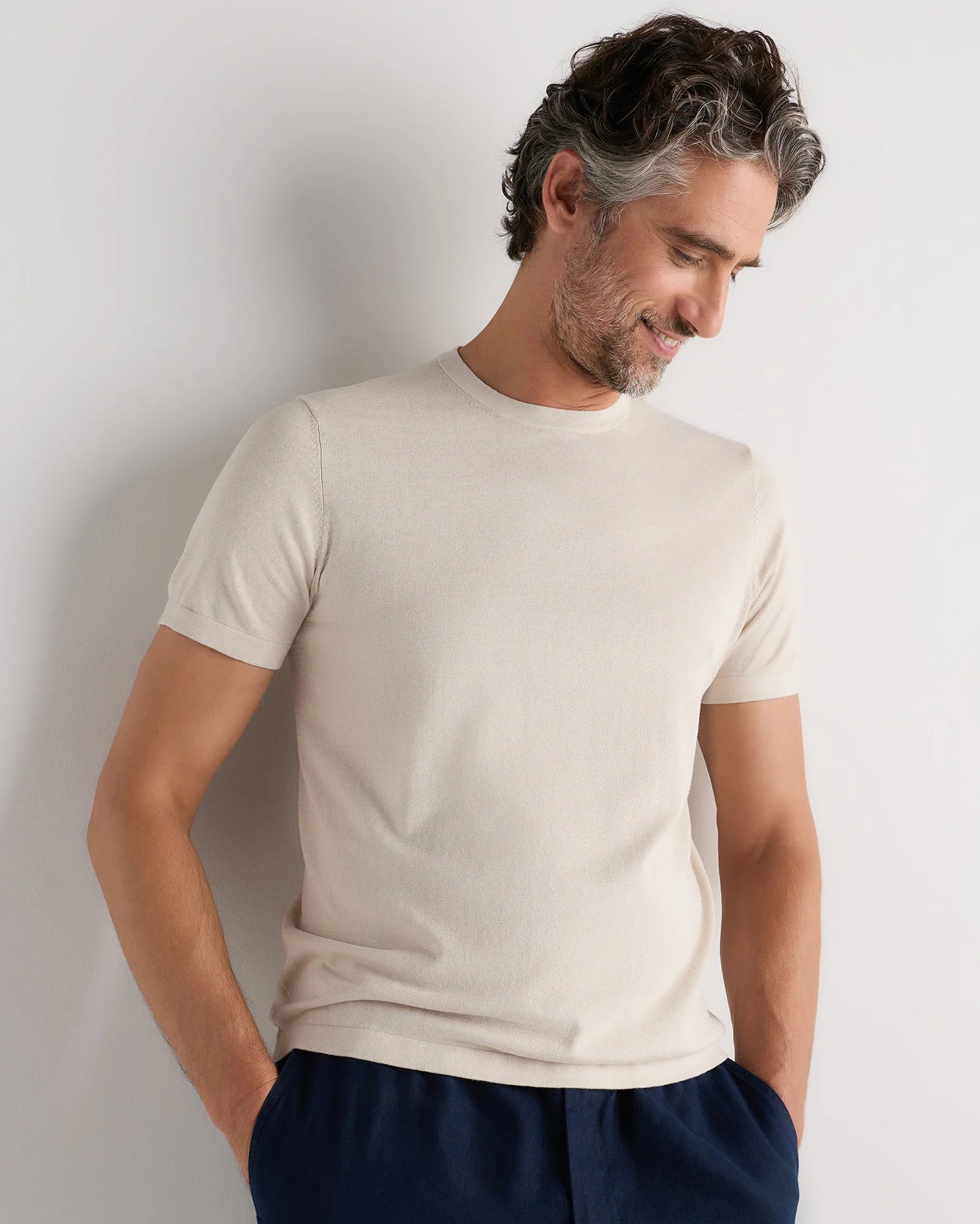 Cotton-Silk Short Sleeve Crewneck Sweater - S / Navy