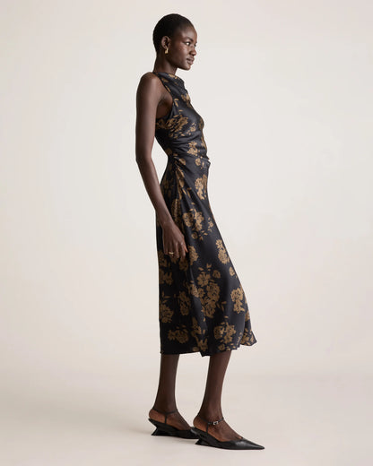 Washable Stretch Silk High Neck Midi Dress - XS / Vintage Navy Roses