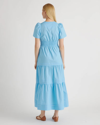 100% Organic Cotton Poplin Tiered Maxi Dress - XS / Riviera Blue Heirloom Floral