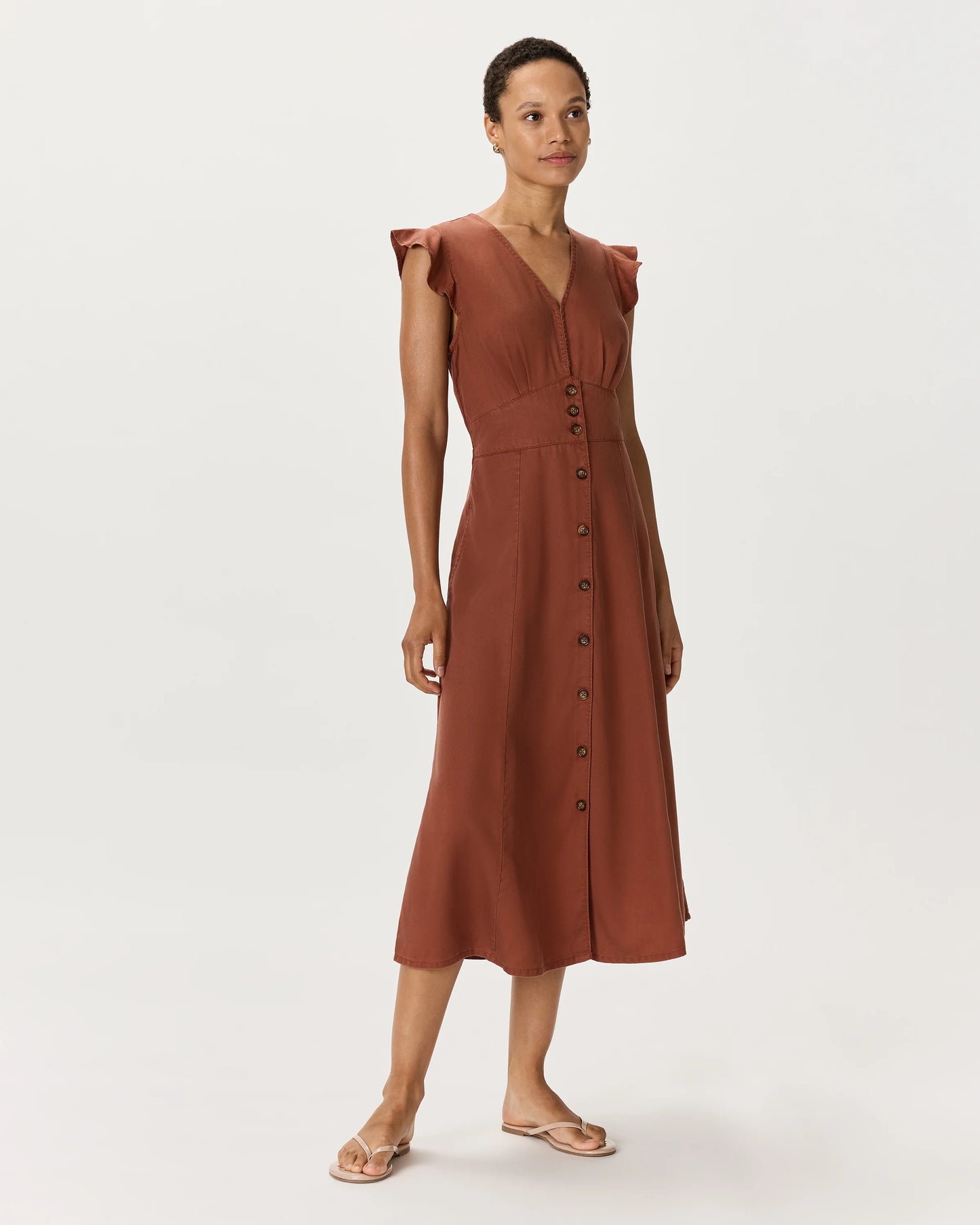 Vintage Wash Tencel Button Front Midi Dress - XS / Olive