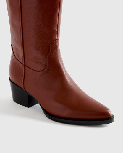 Italian Leather Tall Western Boots - 5 / Black