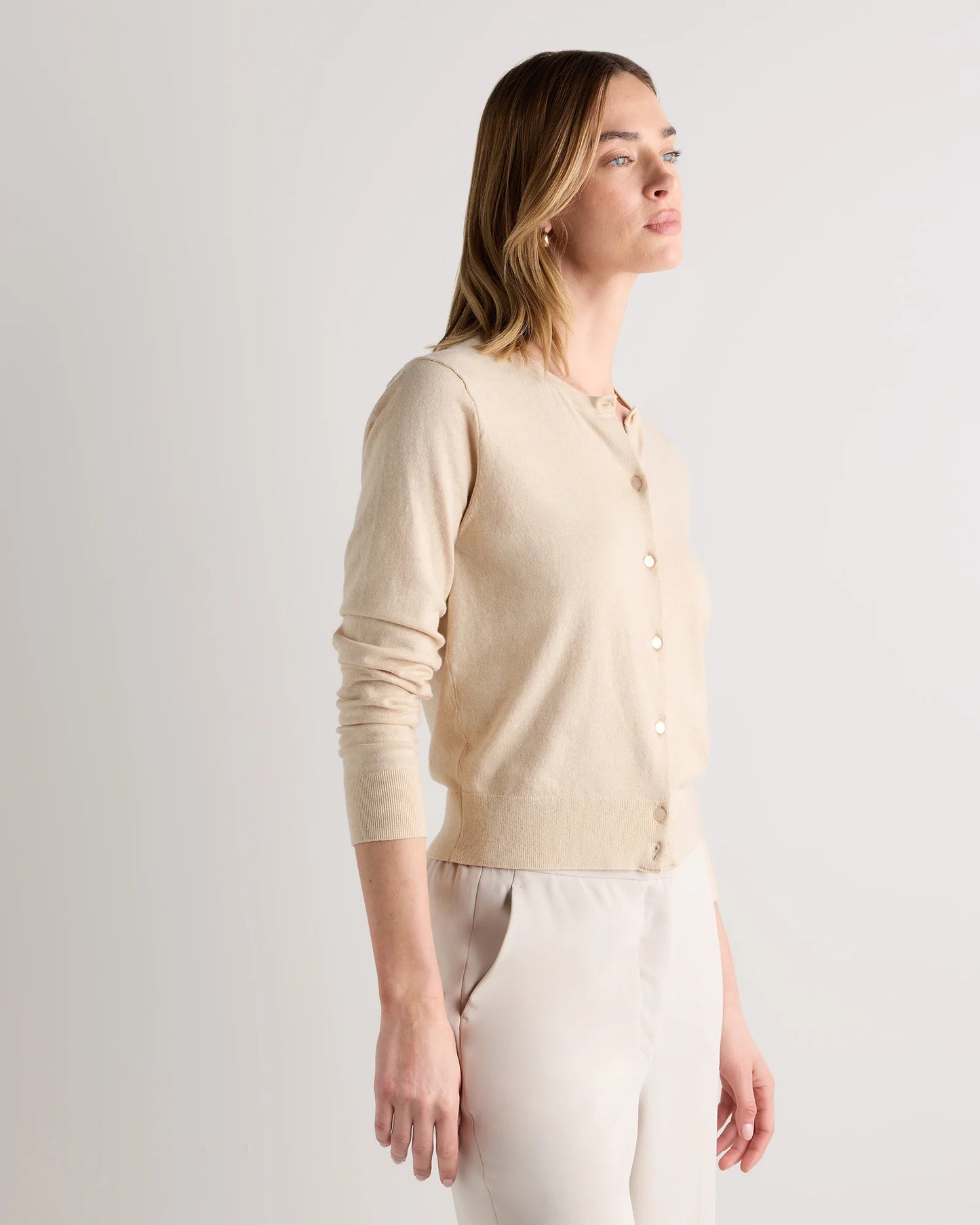 Lightweight Cotton Cashmere Crew Cardigan - XS / Heather Oatmeal