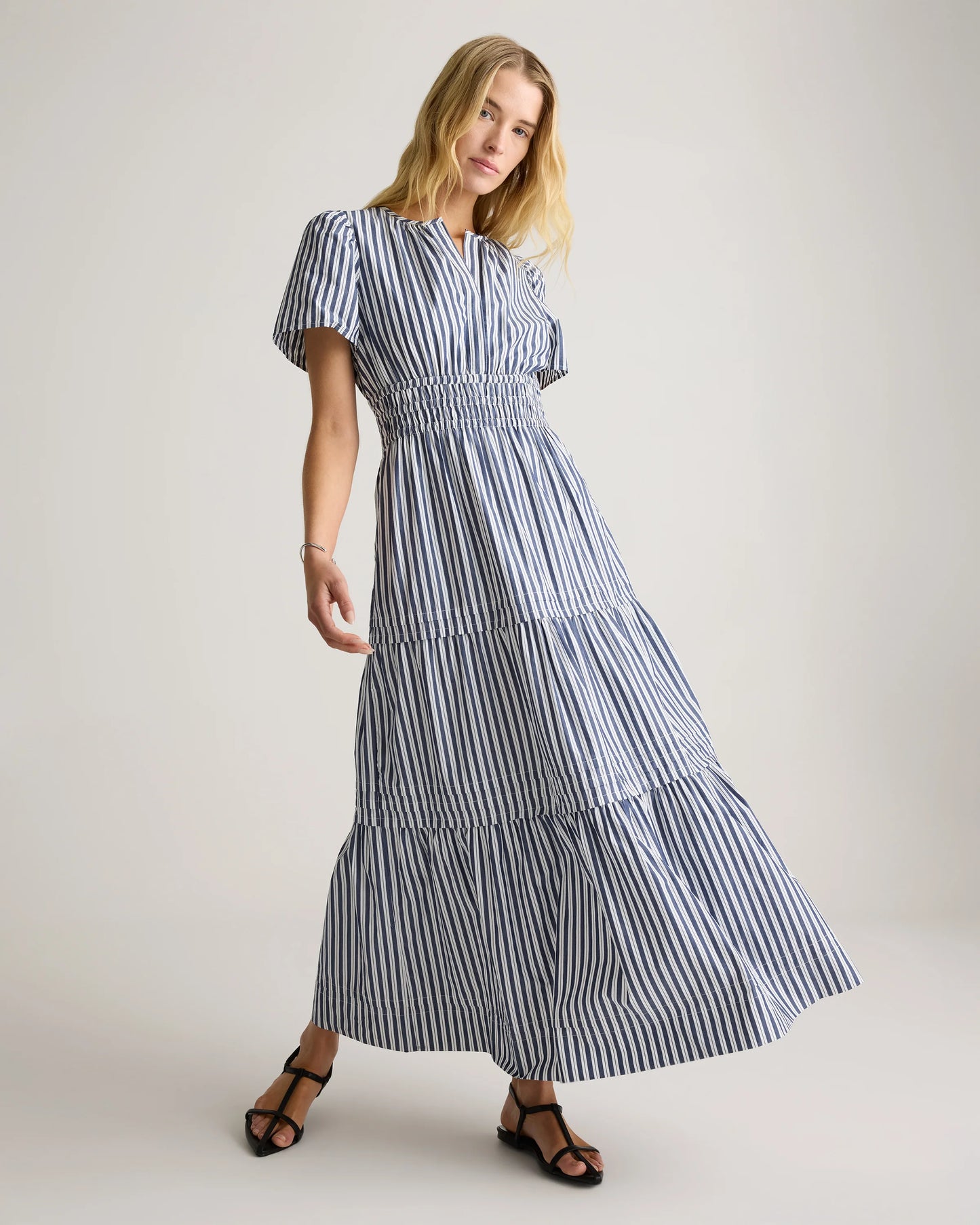 100% Organic Cotton Poplin Tiered Maxi Dress - XS / Riviera Blue Heirloom Floral