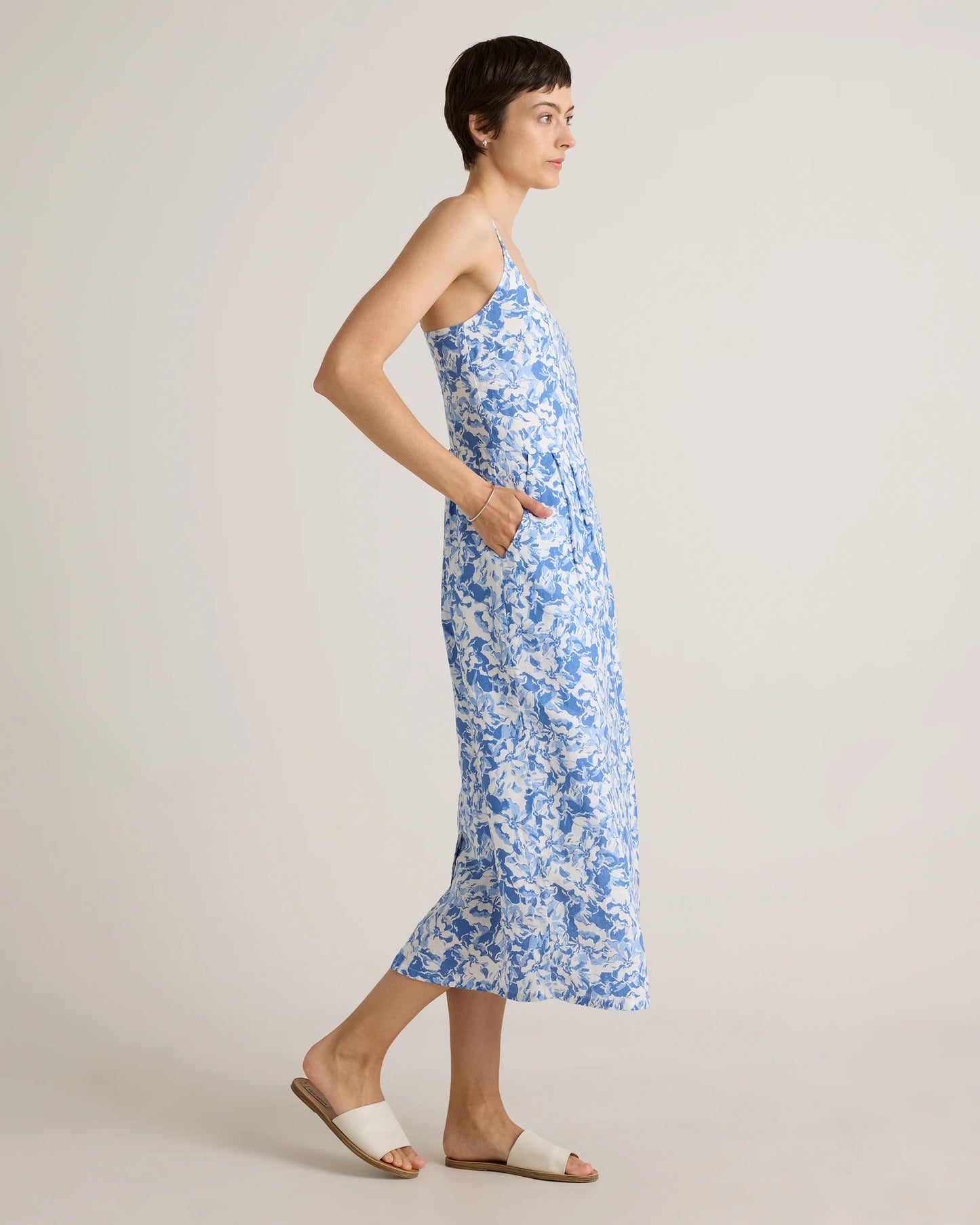 100% European Linen Scoop Neck Midi Dress - XS / Ivory Porcelain Blue Petite Floral