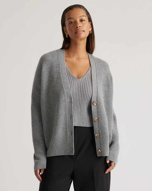 Mongolian Spring Cashmere Fisherman Boxy Cropped Cardigan Sweater - XS / Heather Grey