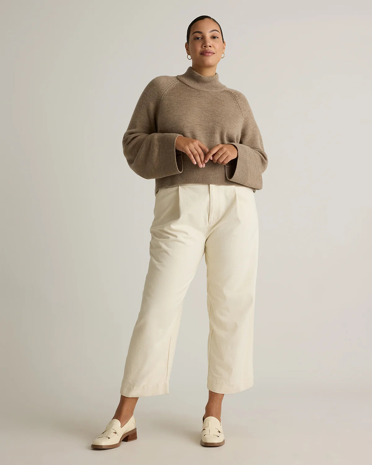 Australian Merino Wool Cropped Mock Neck Sweater - XS / Heather Bone