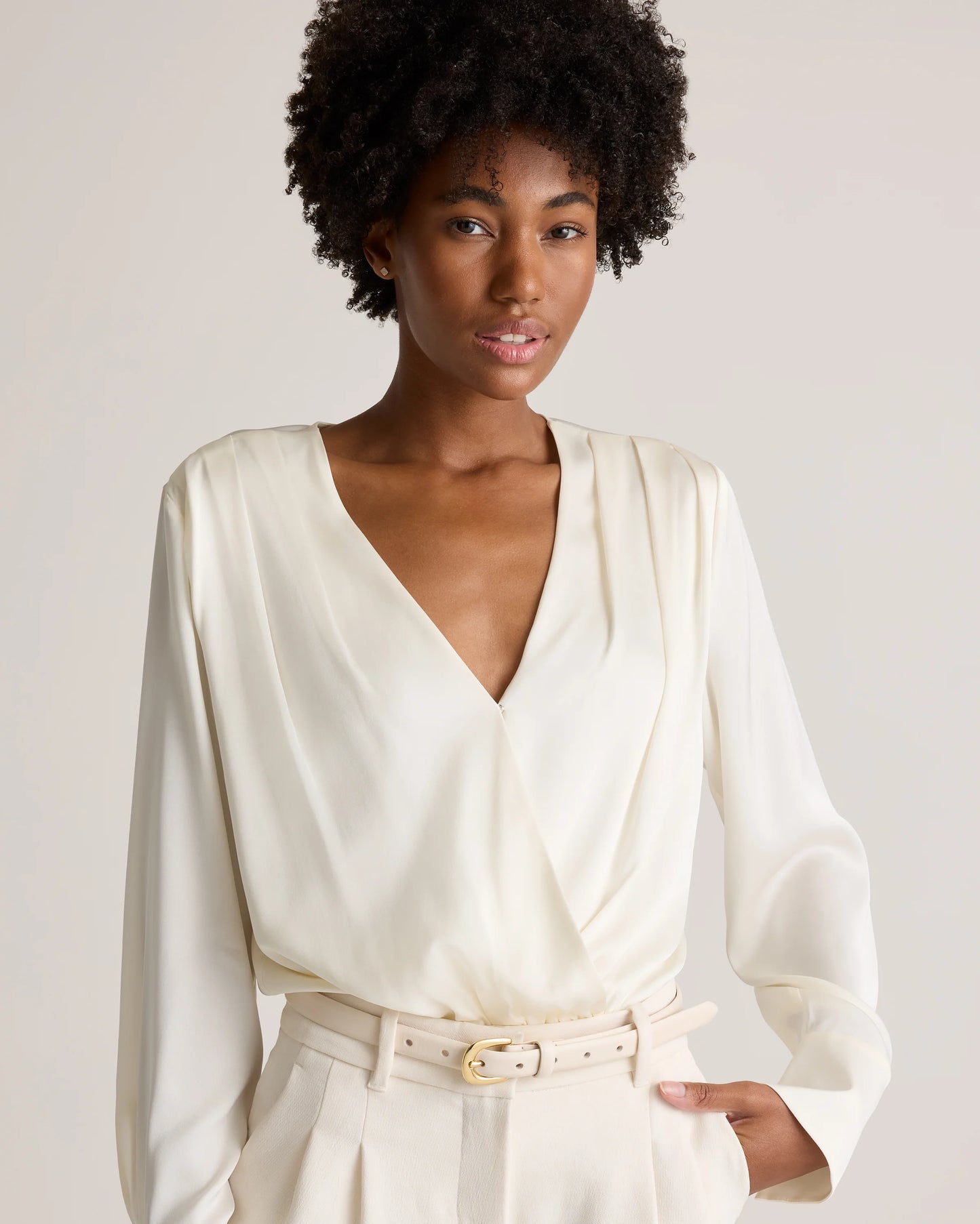 Washable Stretch Silk Surplice Bodysuit - XS / Moonstone Blue
