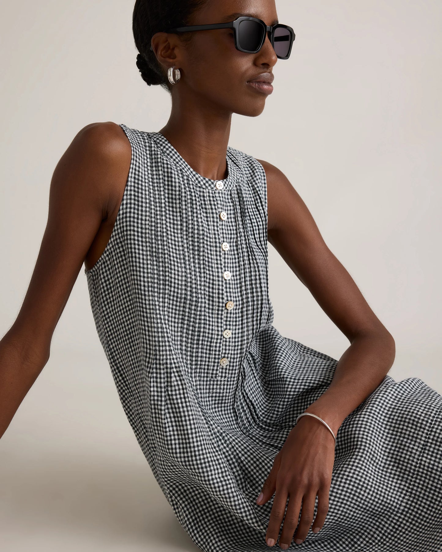100% European Linen Sleeveless Swing Dress - XS / Classic Mini Gingham
