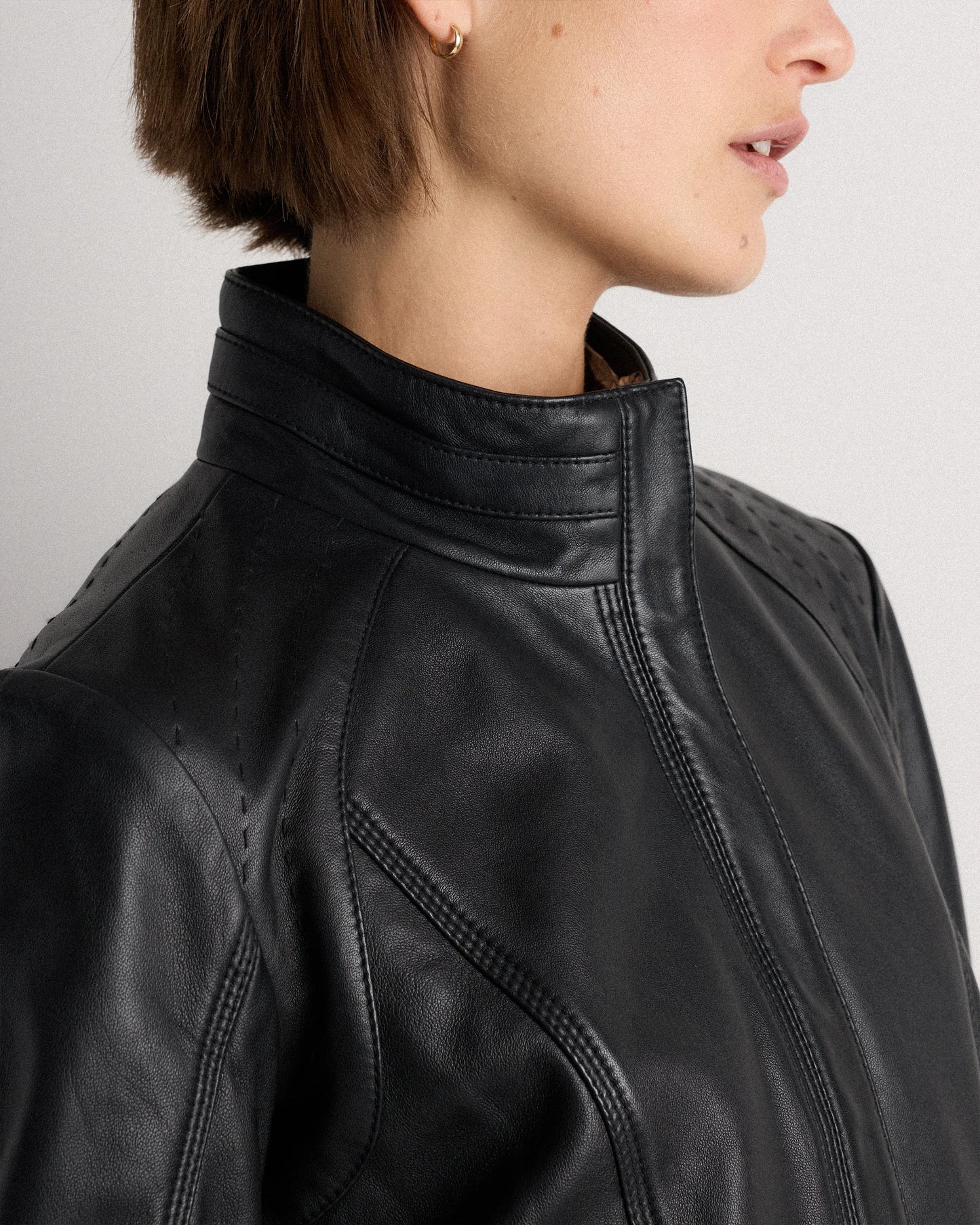 100% Leather Stand-Collar Jacket - XS / True Black