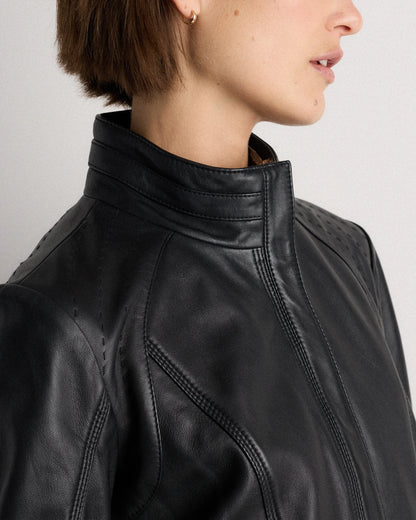 100% Leather Stand-Collar Jacket - XS / True Black