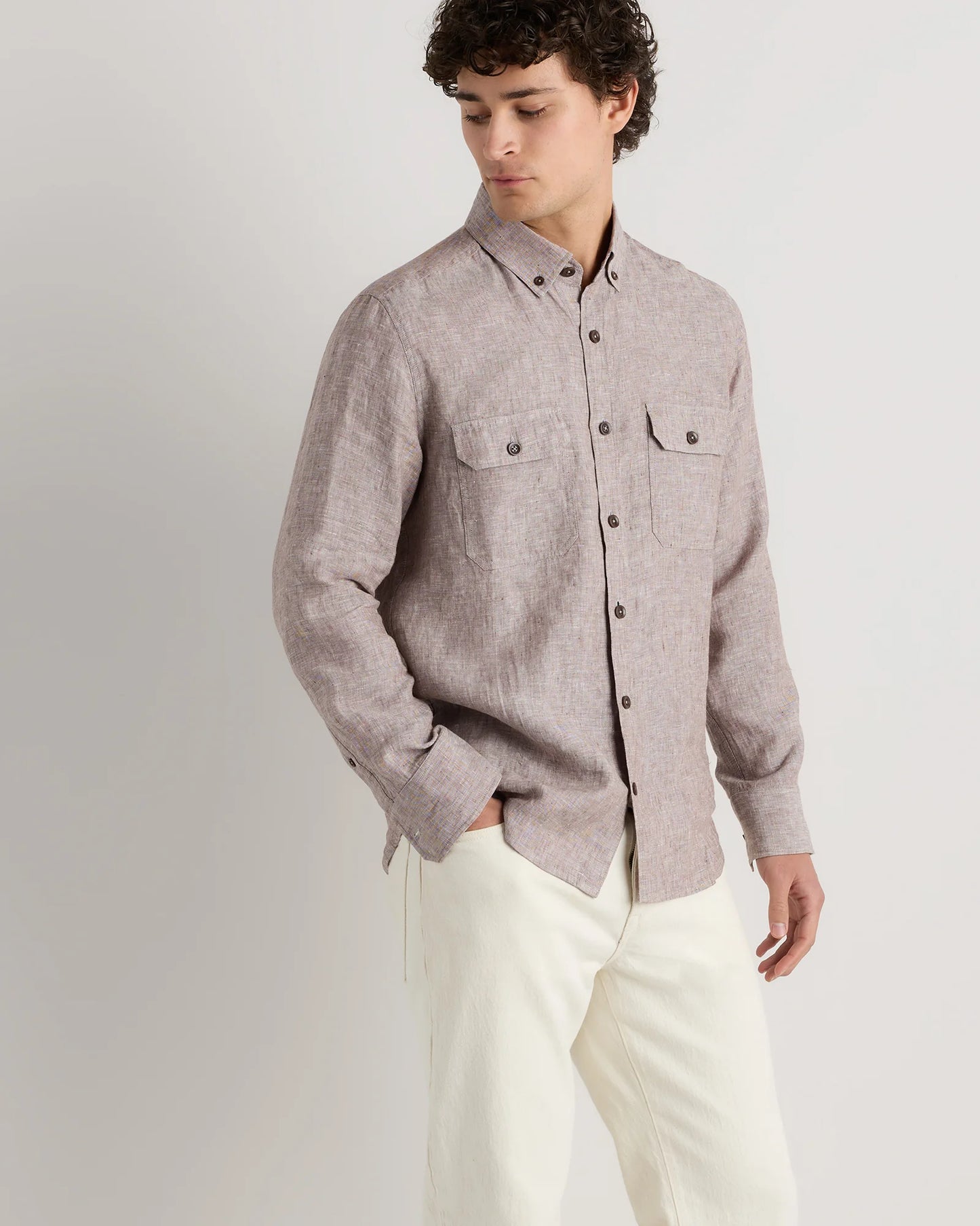 100% European Linen Utility Shirt - S / Taupe Brown Chambray