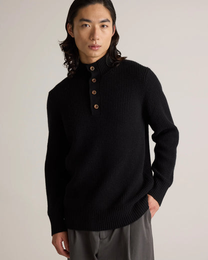 Mongolian Cashmere Waffle Quarter Button Sweater - S / Elk Brown