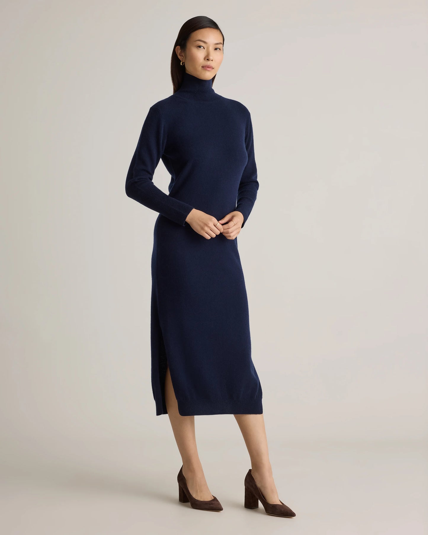 Mongolian Cashmere Turtleneck Midi Sweater Dress - XS / Charcoal