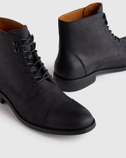 Crafted Leather Cap Toe Lace Up Boot - 7 / Matte Black