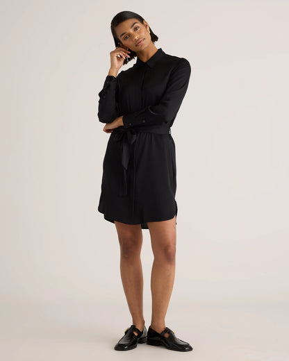 Washable Stretch Silk Shirt Dress - XS / Black