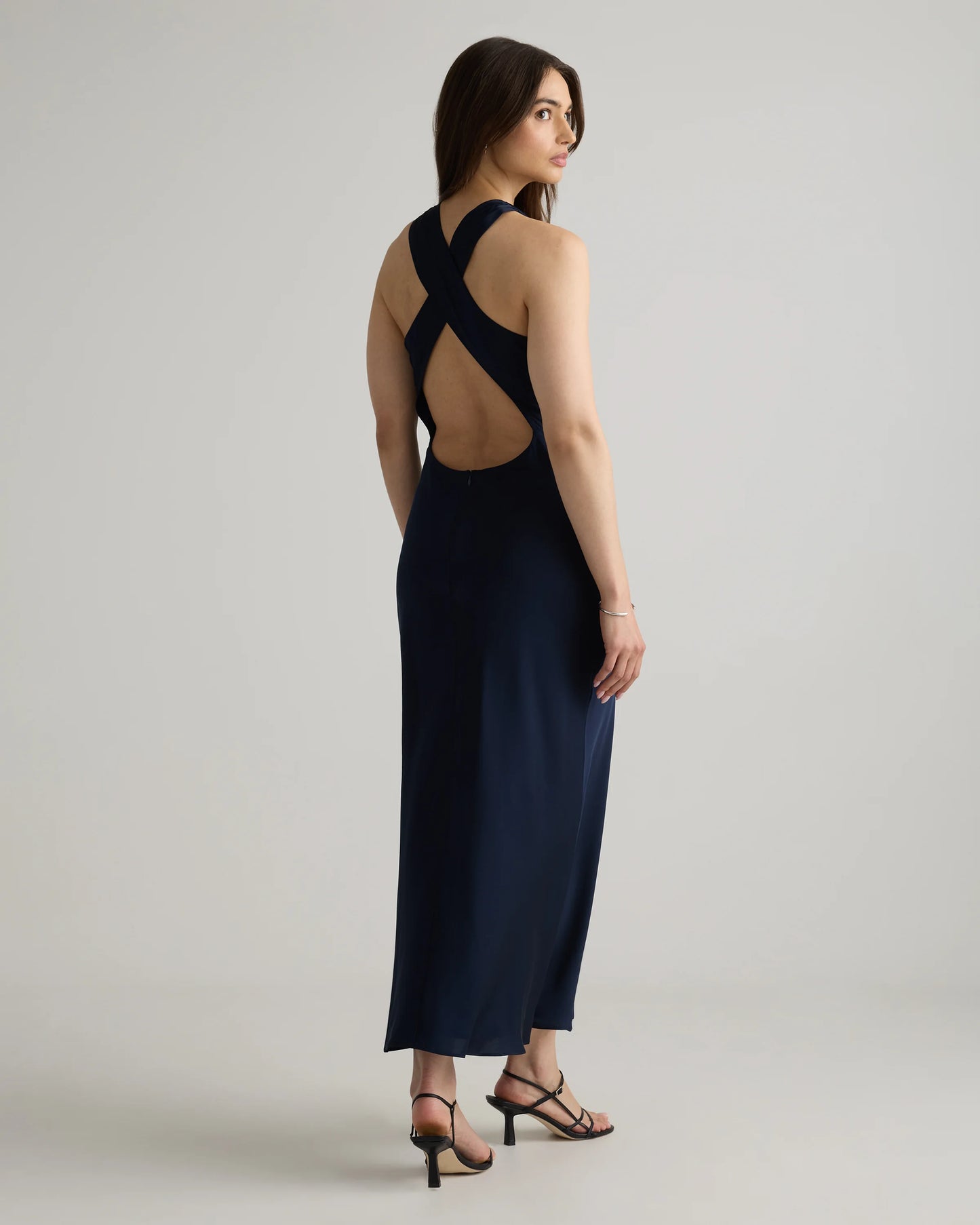 Washable Stretch Silk High Neck Midi Dress - XS / Vintage Navy Roses