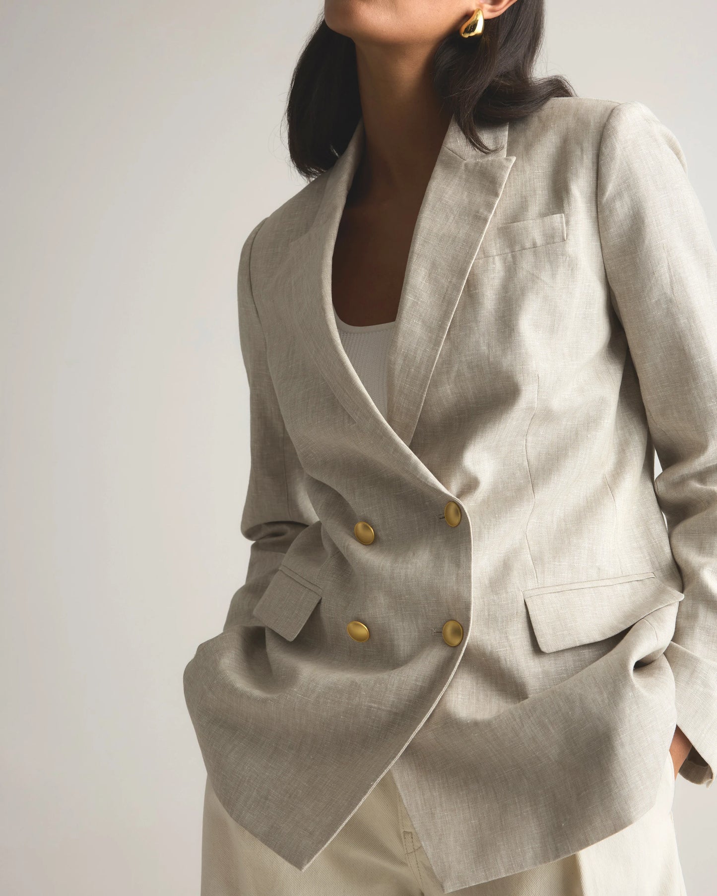 100% European Linen Relaxed Double-Breasted Blazer - XS / Blue Pinstripe