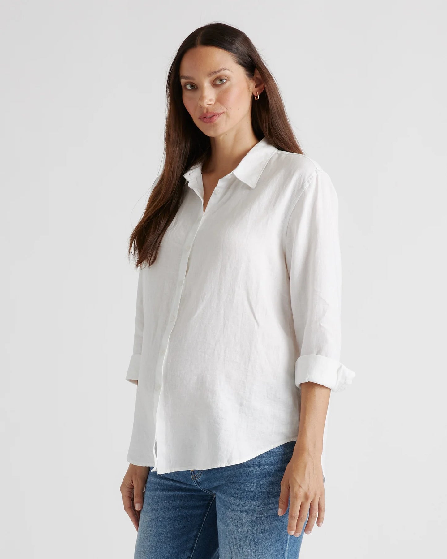 100% European Linen Maternity Long Sleeve Shirt - XS / Blue Pinstripe
