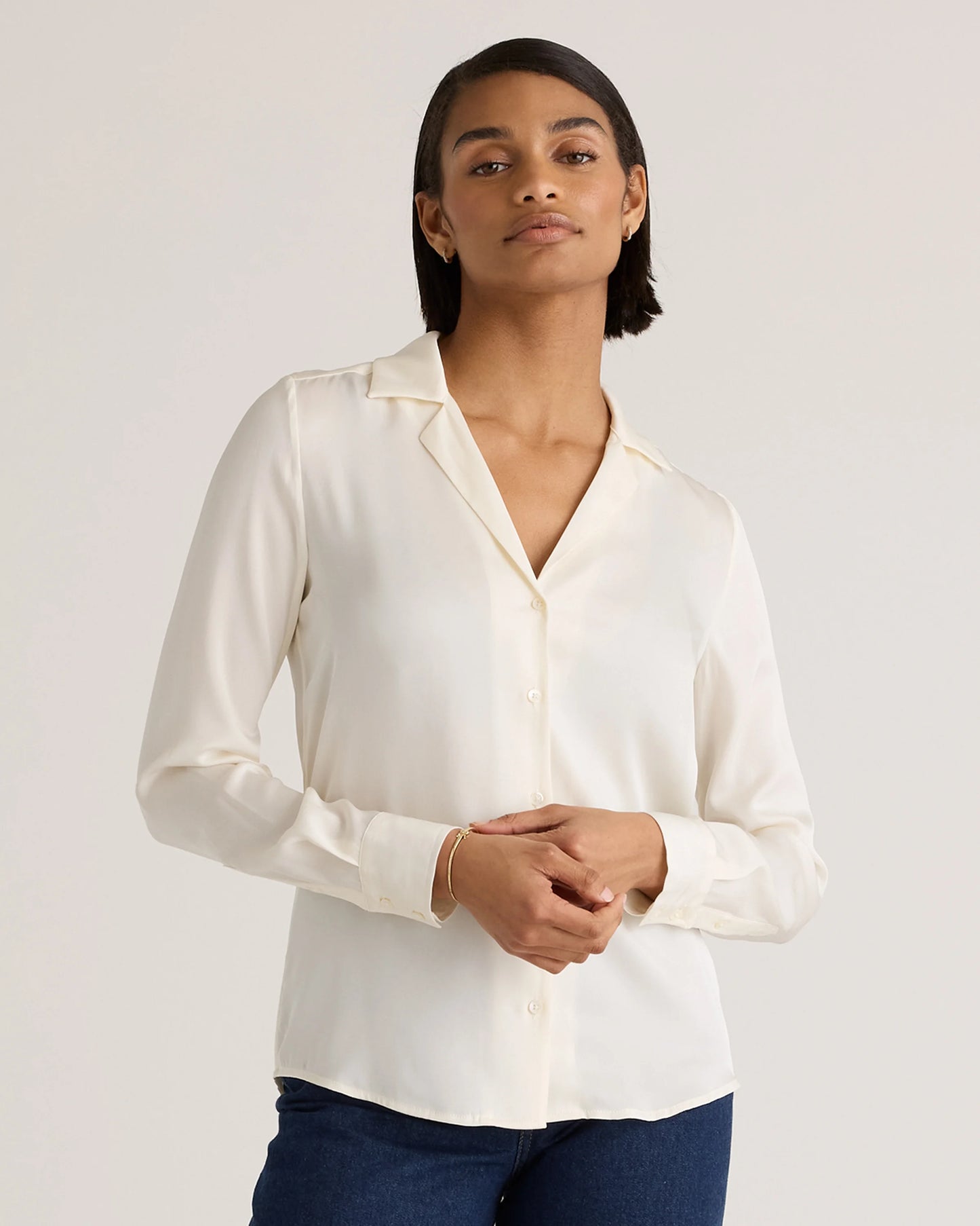 Washable Stretch Silk Notch Collar Blouse - XS / Moonstone Blue
