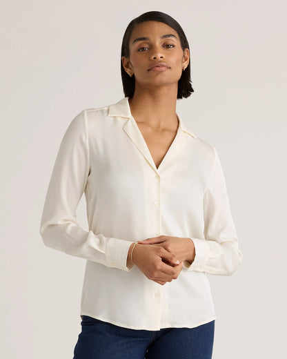 Washable Stretch Silk Notch Collar Blouse - XS / Moonstone Blue