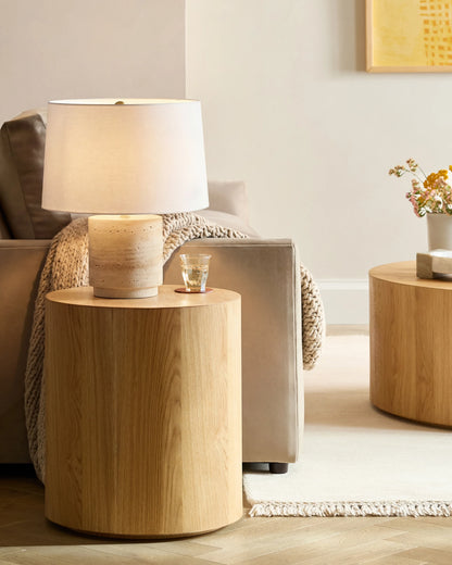 Wide Travertine Table Lamp - One Size / Beige