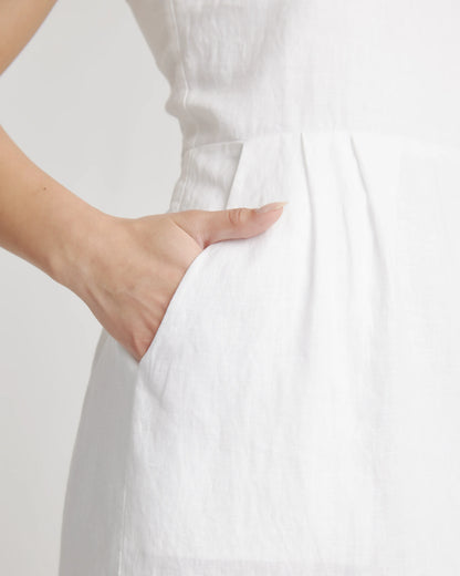 100% European Linen Scoop Neck Midi Dress - XS / Ivory Porcelain Blue Petite Floral