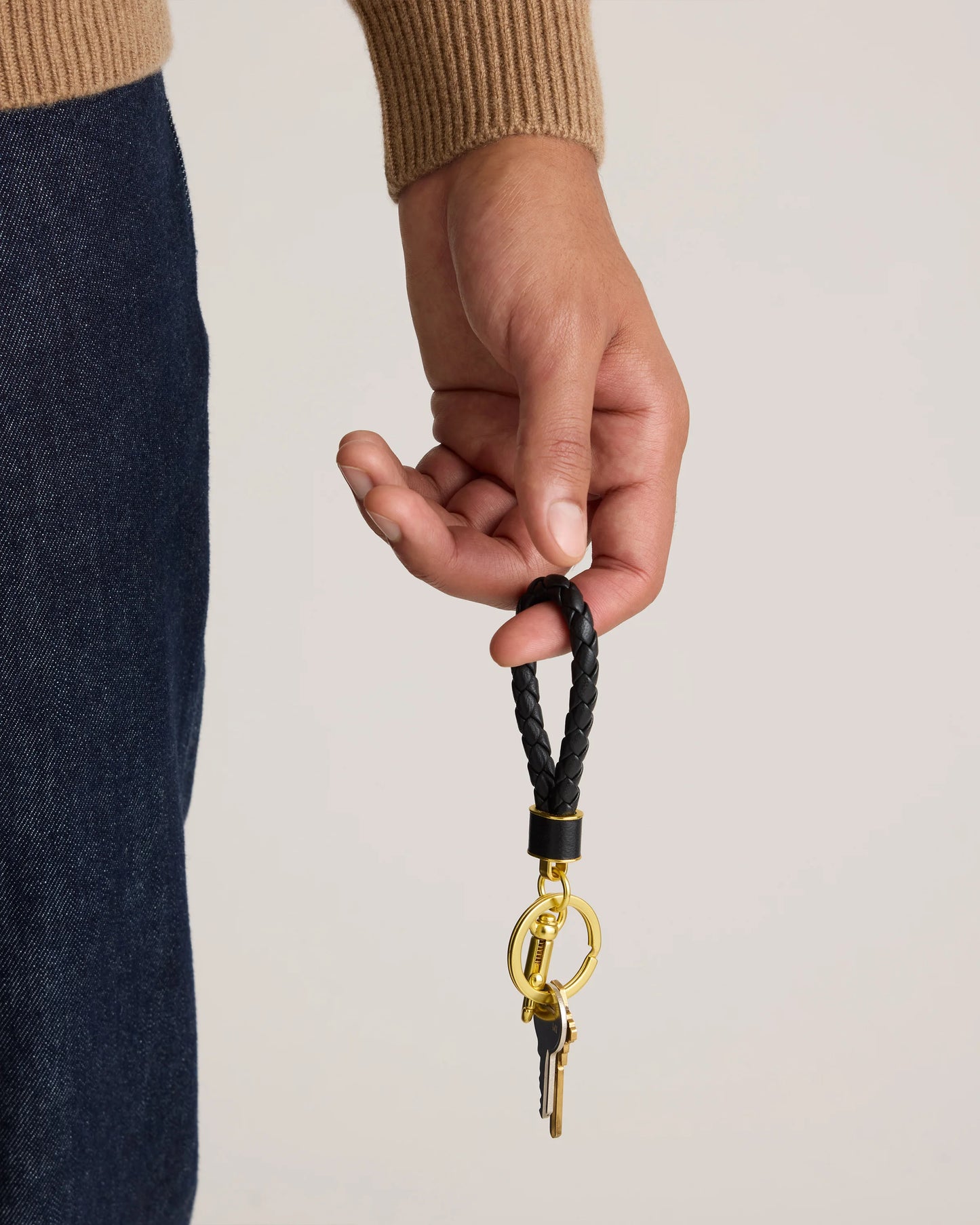 Italian Leather Braided Key Ring (2-Pack) - One Size / Black/Gold