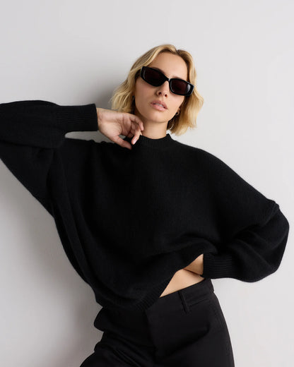 100% Mongolian Cashmere Slouchy Blouson Sleeve Crewneck - XS / Black