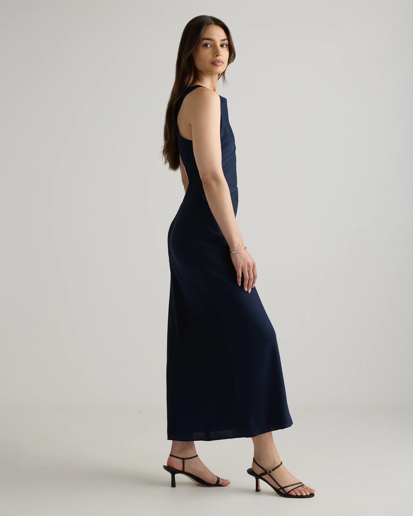 Washable Stretch Silk High Neck Midi Dress - XS / Vintage Navy Roses