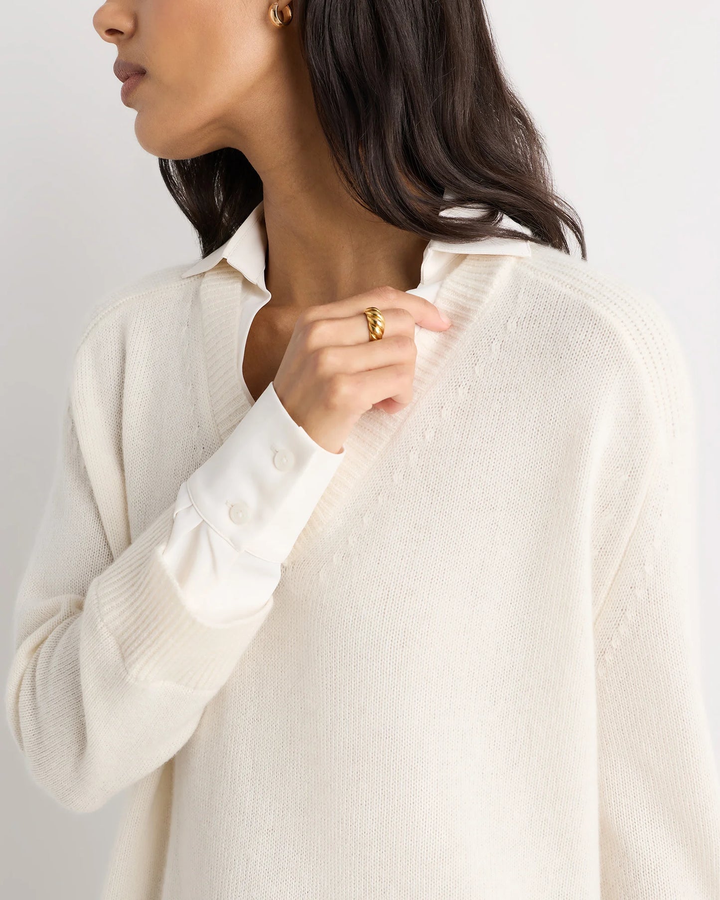100% Mongolian Cashmere Layered V-Neck Sweater - XS / Ivory