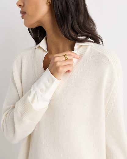 100% Mongolian Cashmere Layered V-Neck Sweater - XS / Ivory