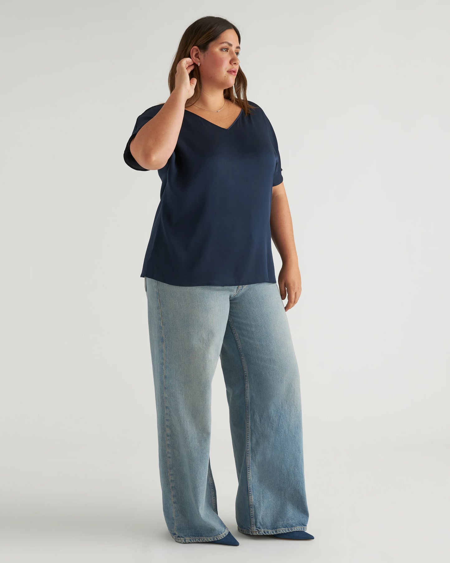Washable Stretch Silk Reversible V-Neck Blouse - XS / Navy