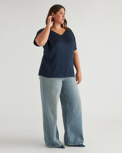 Washable Stretch Silk Reversible V-Neck Blouse - XS / Navy