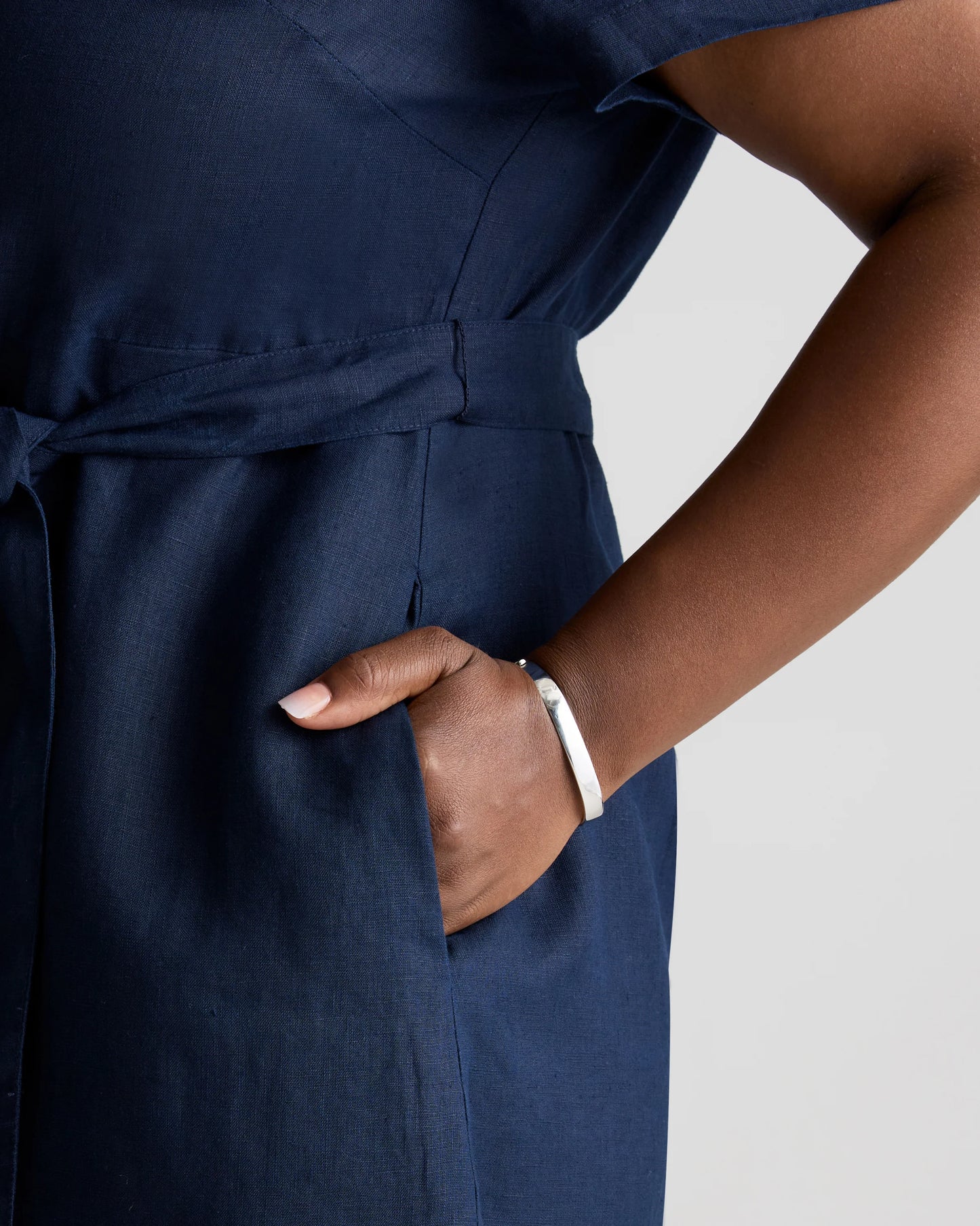 100% European Linen Button Front Dress - 1X / Blue Pinstripe