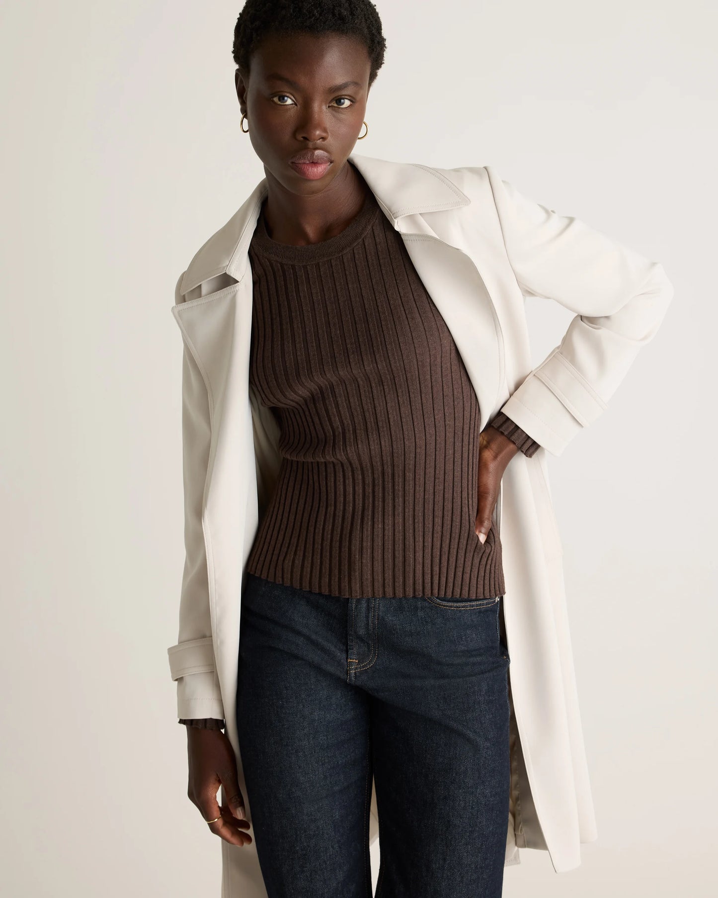 Cotton Cashmere Ribbed Long Sleeve Sweater - XS / Sugar Stone