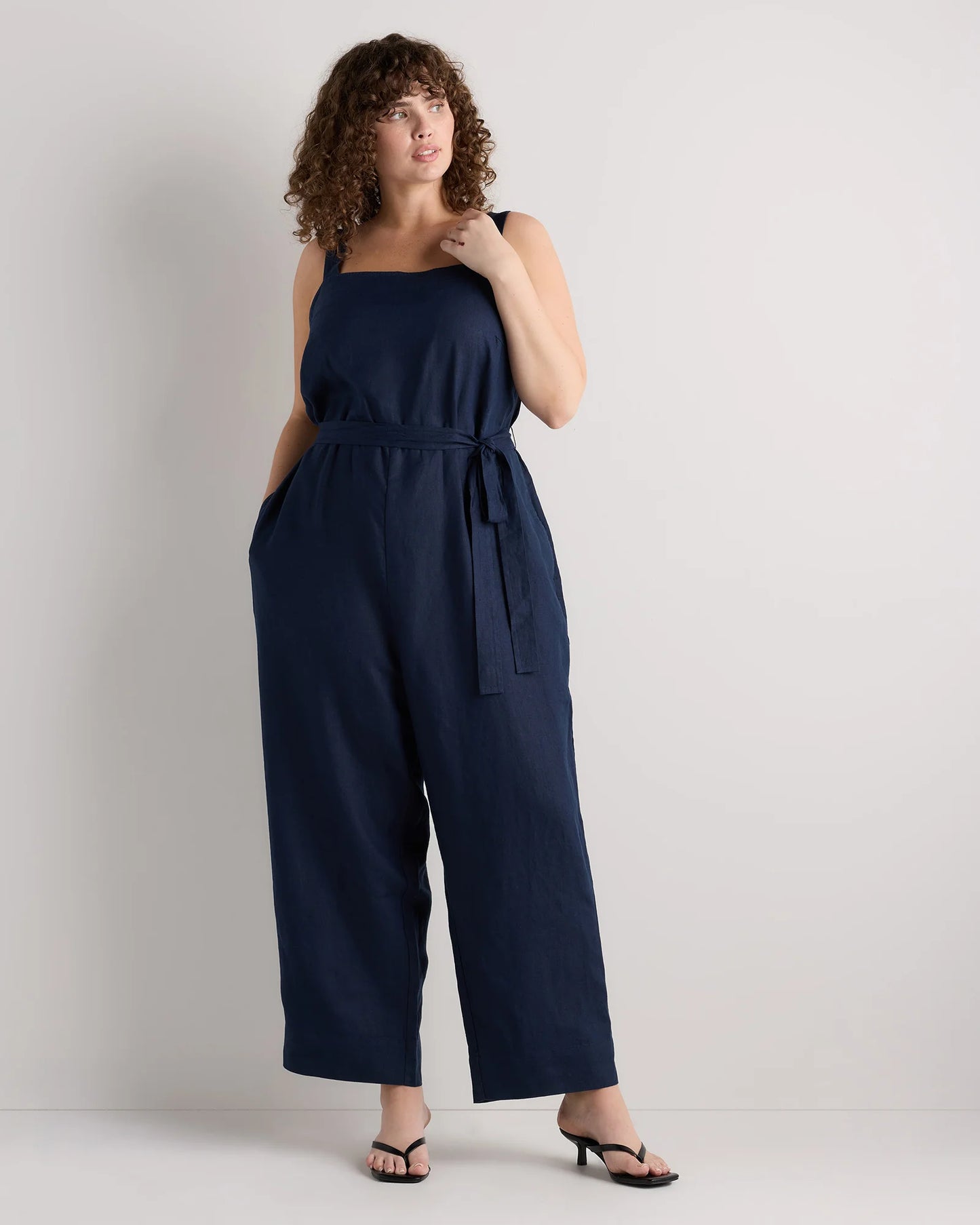 100% European Linen Square Neck Jumpsuit - 1X / Deep Navy