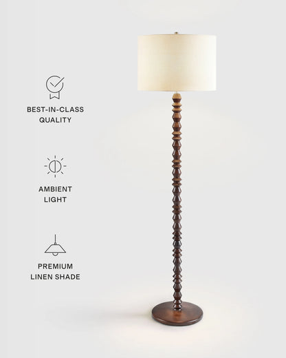 Faceted Wood Floor Lamp with Linen Shade - One Size / Brown