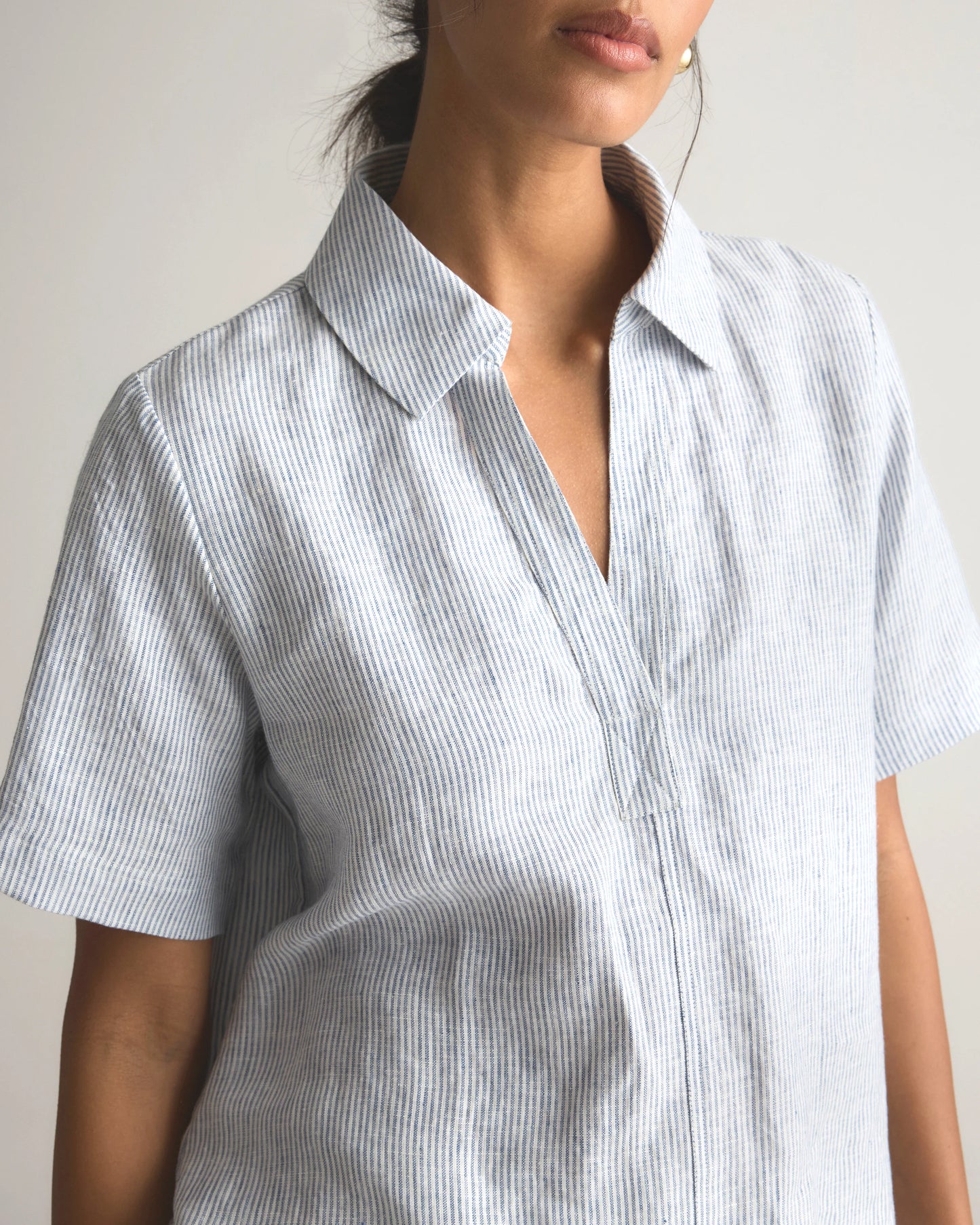 100% European Linen Short Sleeve Popover Top - XS / Blue Pinstripe