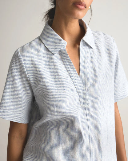 100% European Linen Short Sleeve Popover Top - XS / Blue Pinstripe
