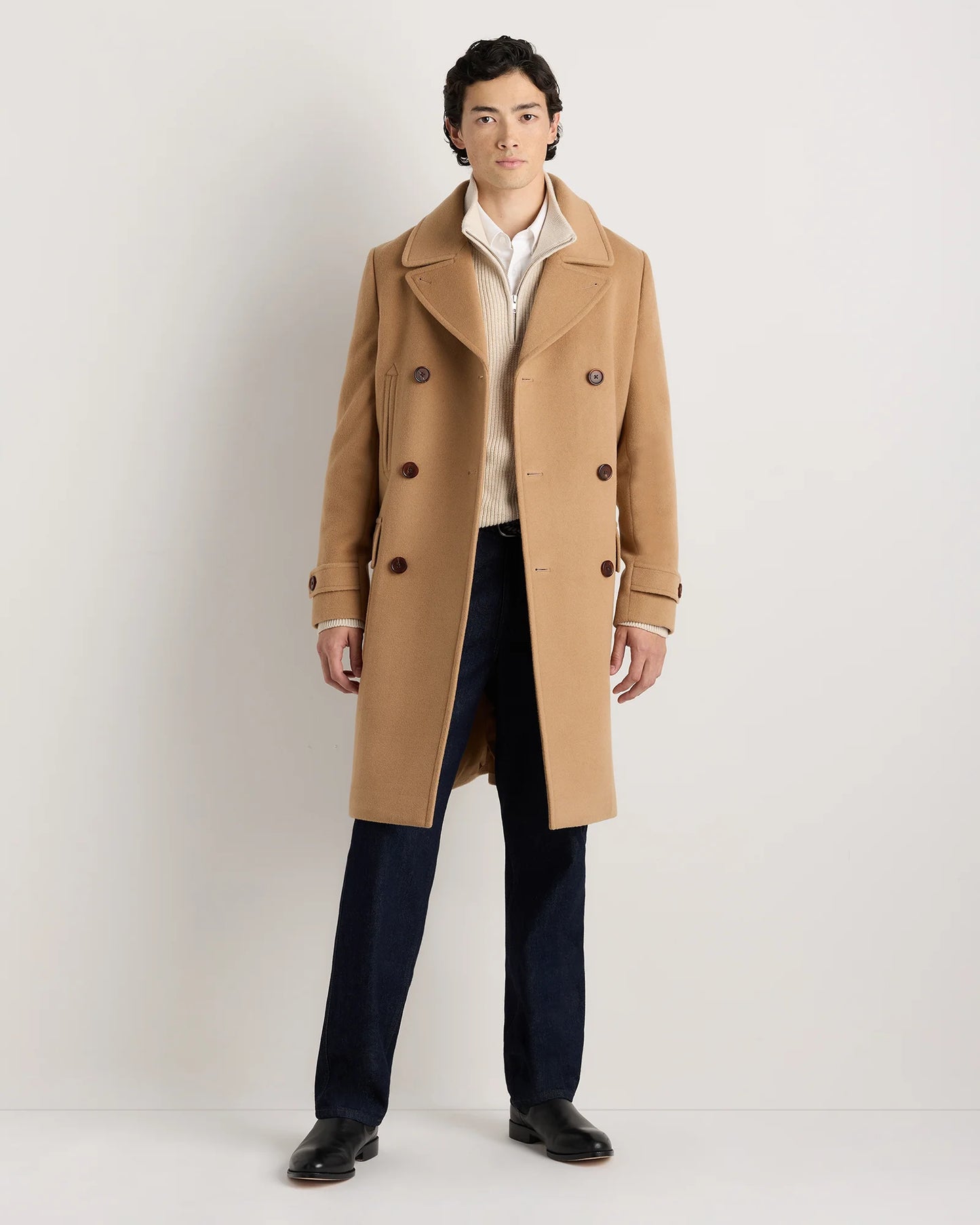 Wool Cashmere Double-Breasted Officer Topcoat - S / Heather Charcoal